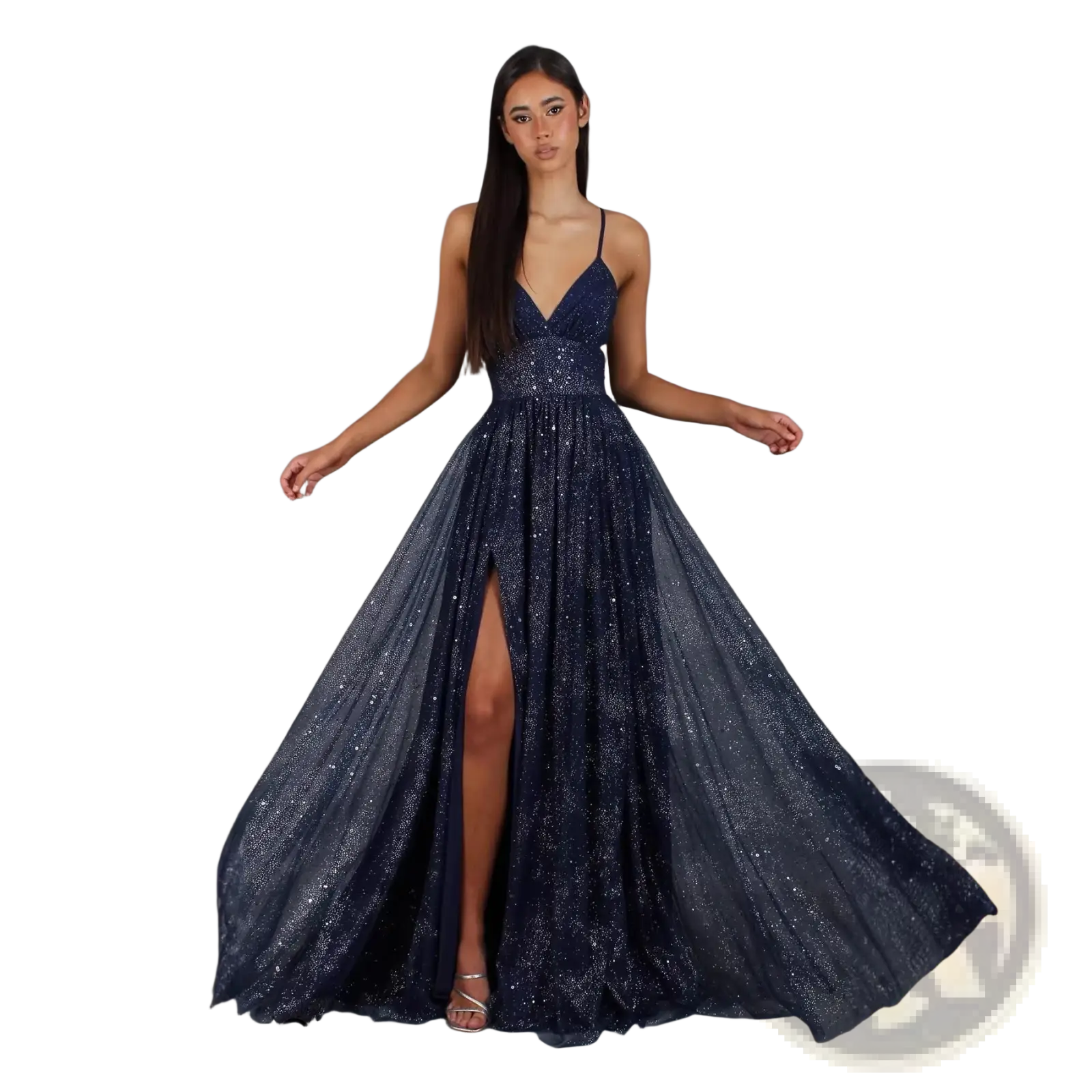 A navy blue sequined shimmering v neck high slit maxi evening gown with delicate spaghetti straps