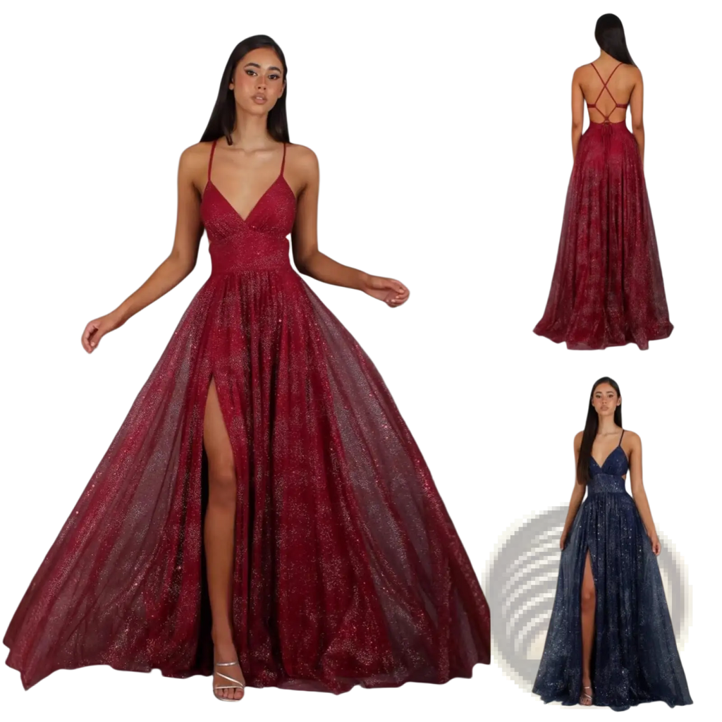 A shimmering burgundy lace maxi evening gown with a deep v-neckline, high slit, and delicate spaghetti straps