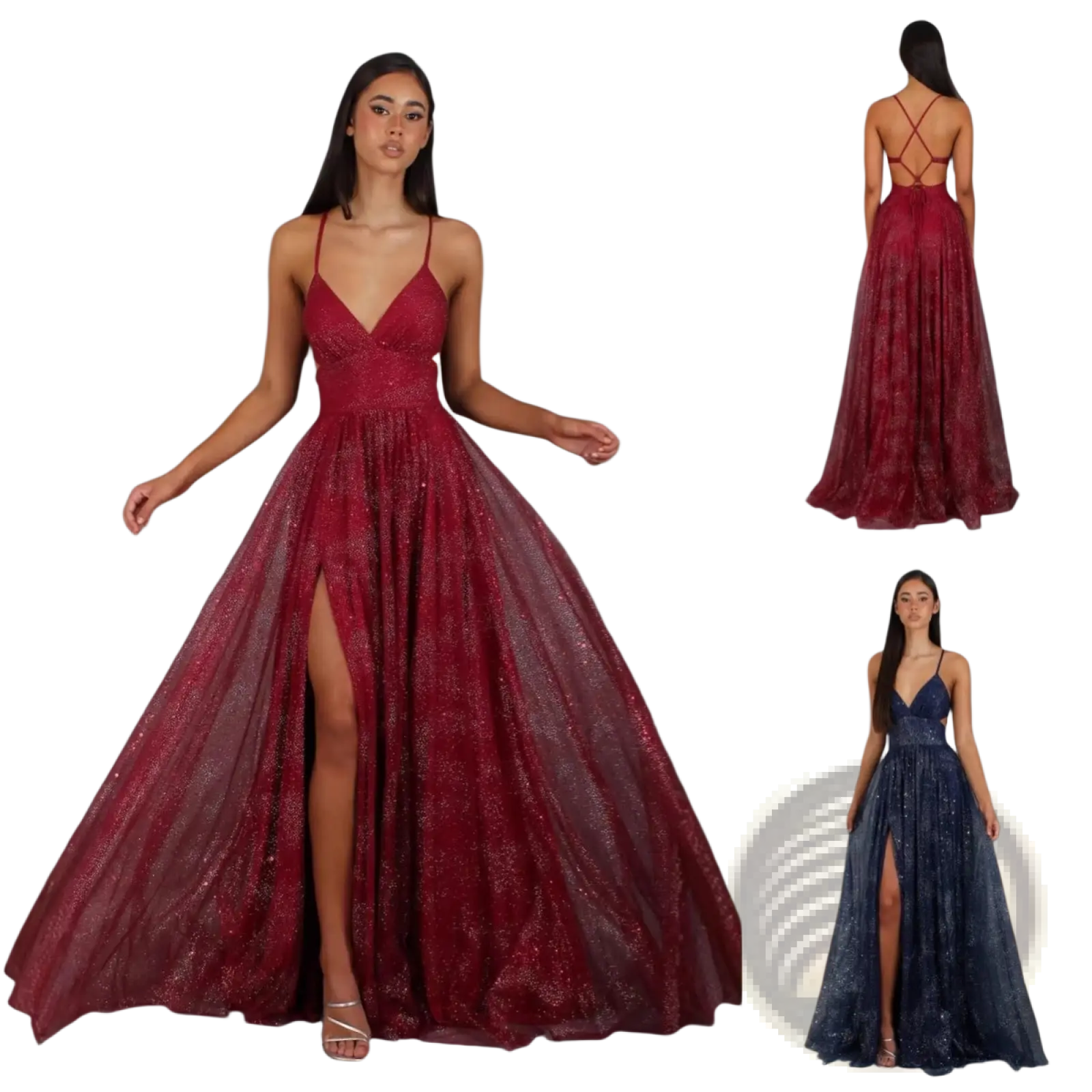 A shimmering burgundy lace maxi evening gown with a deep v-neckline, high slit, and delicate spaghetti straps