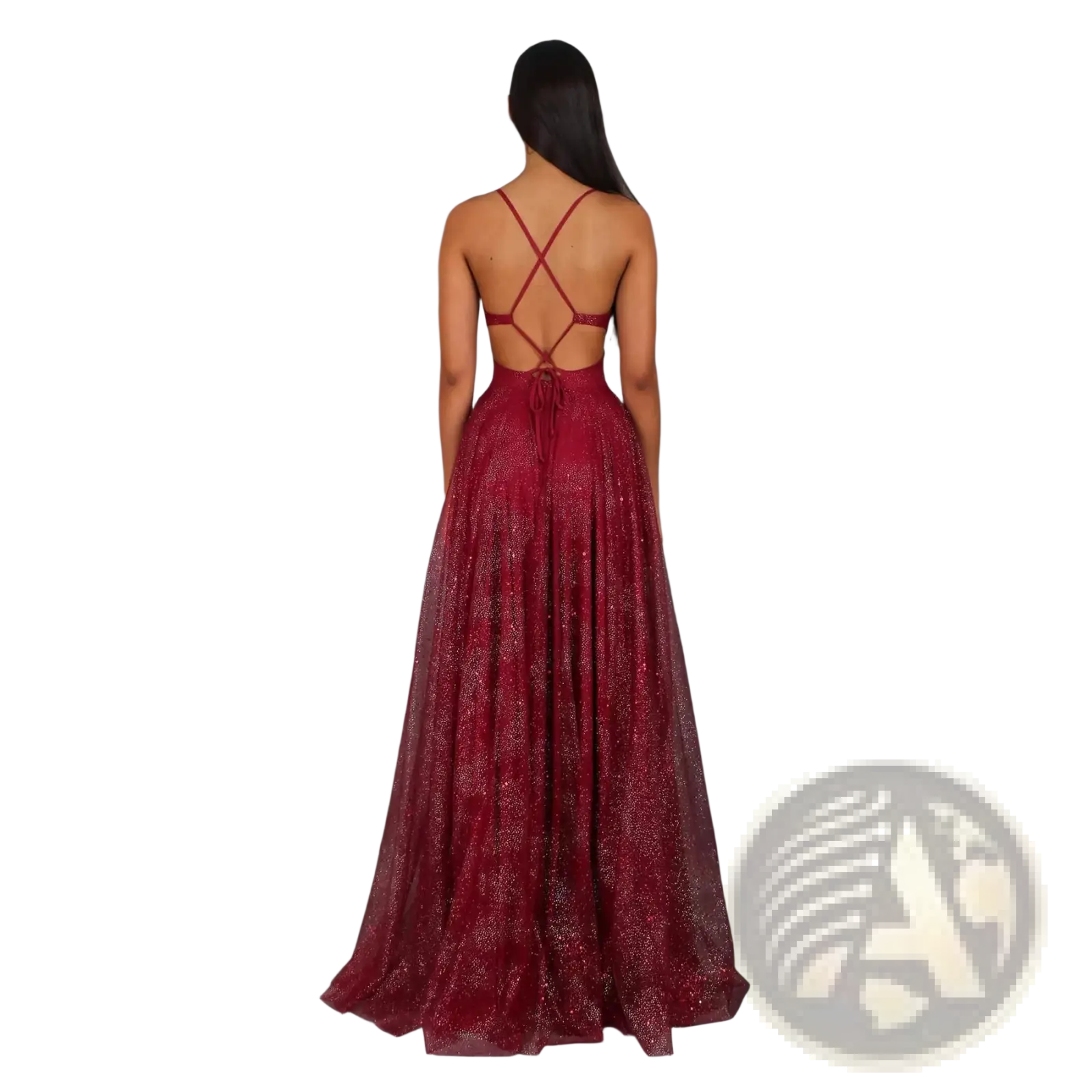 Back view of a shimmering burgundy lace v neck high slit maxi evening gown with crisscross straps and a glittery skirt