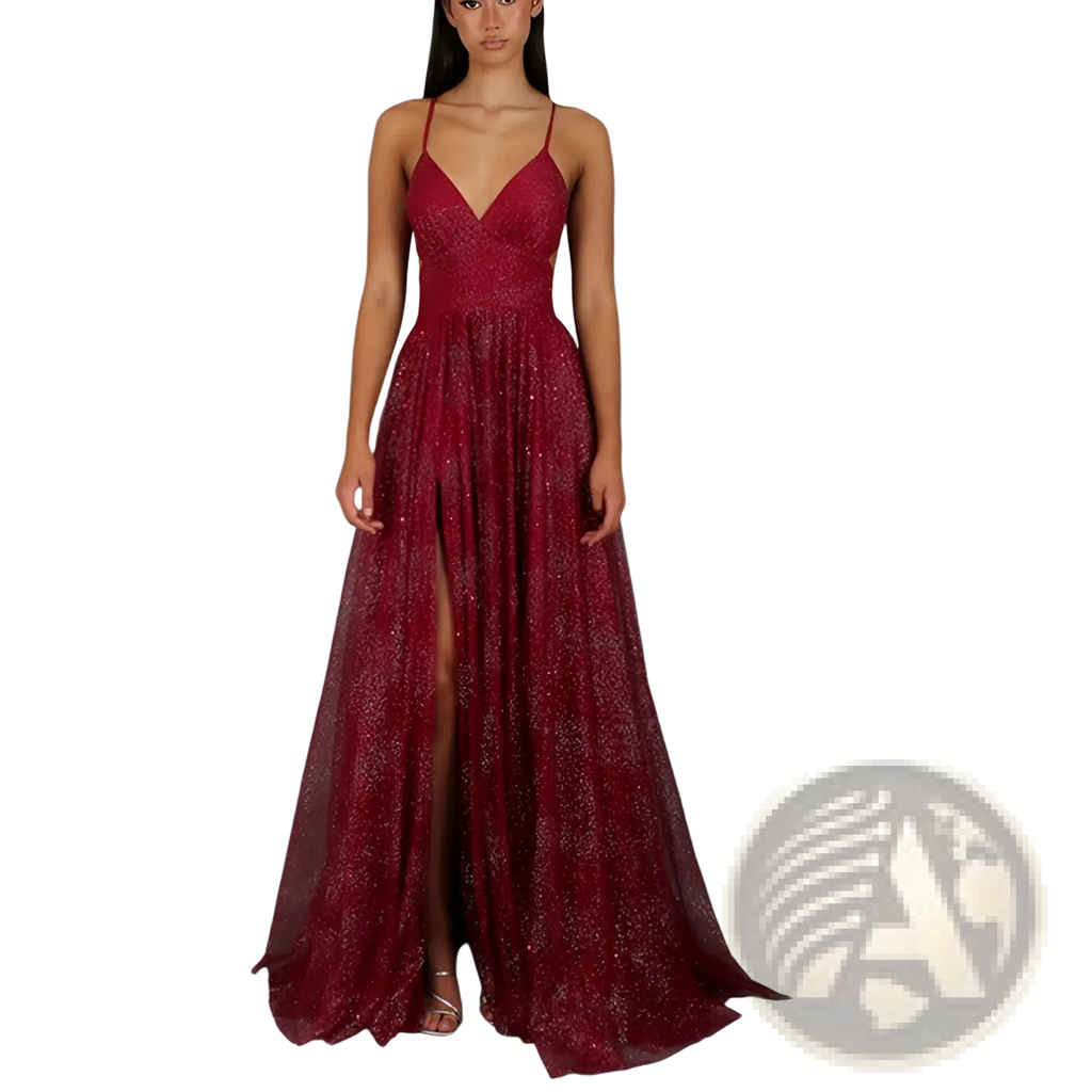 A shimmering burgundy lace evening gown with a deep v-neckline and high slit perfect for formal occasions