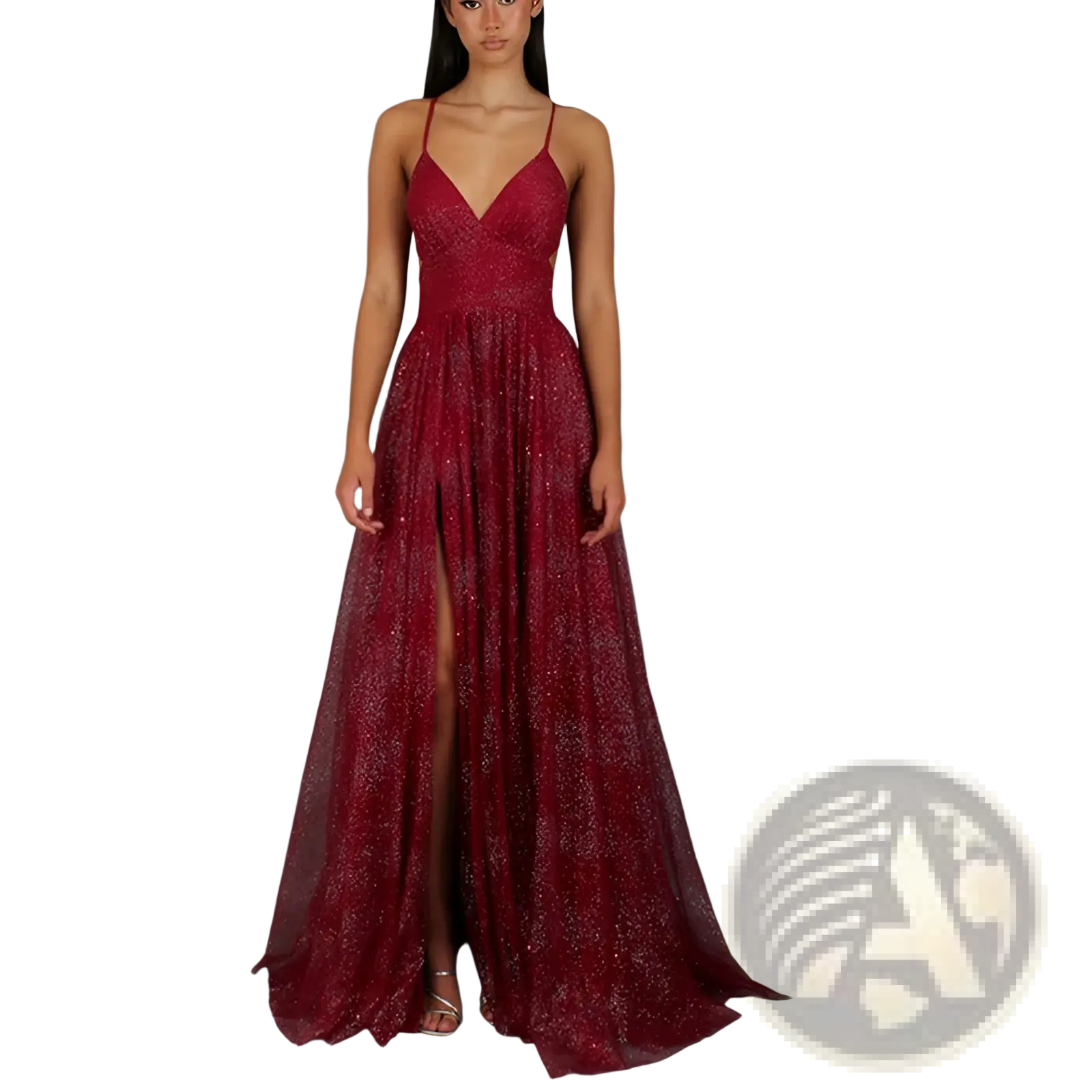 A shimmering burgundy lace evening gown with a deep v-neckline and high slit perfect for formal occasions