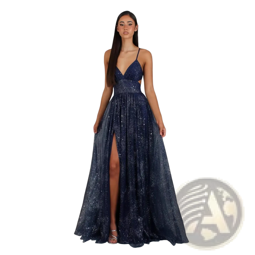 A navy blue sequined floor-length evening gown with a v neck and high slit for formal occasions