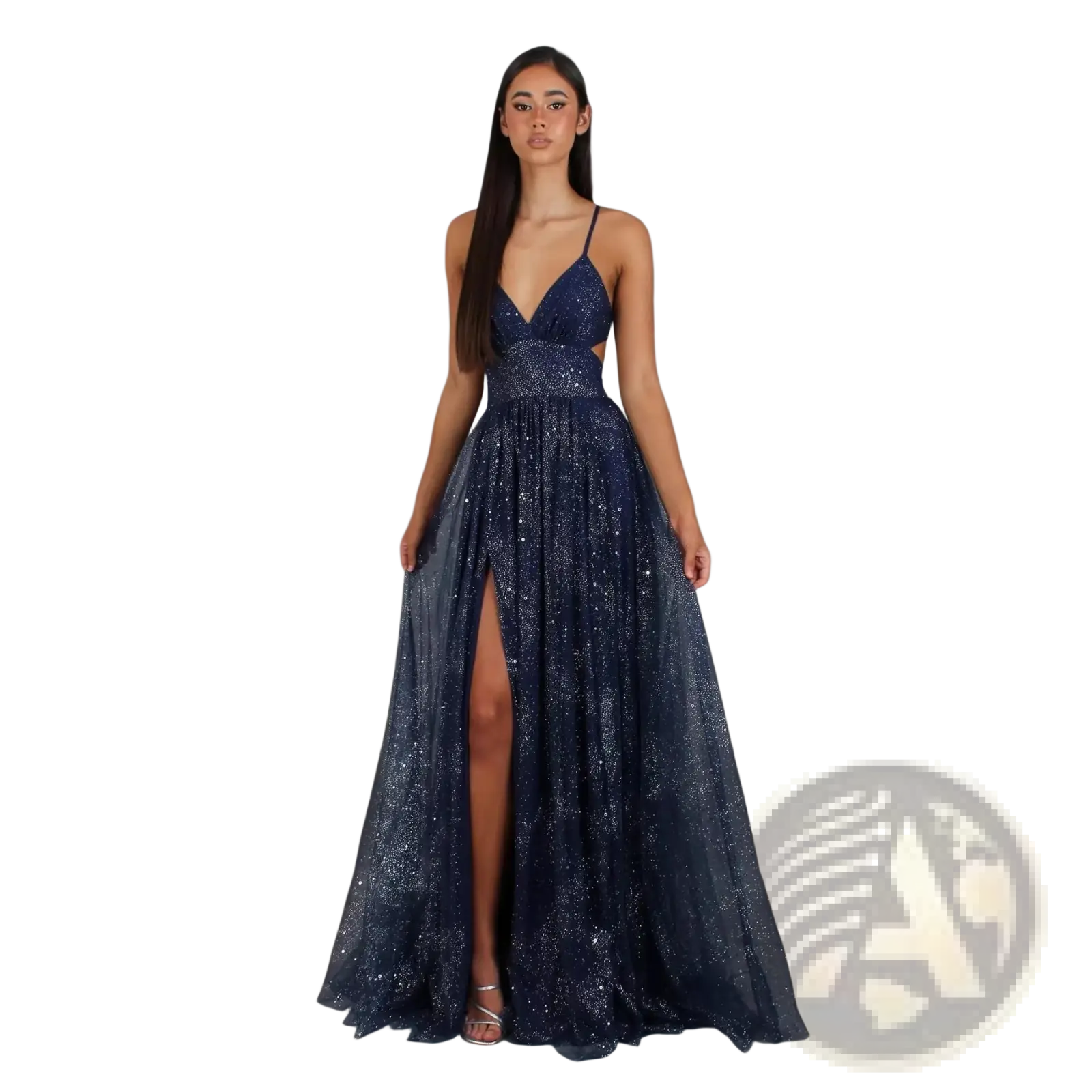 A navy blue sequined floor-length evening gown with a v neck and high slit for formal occasions