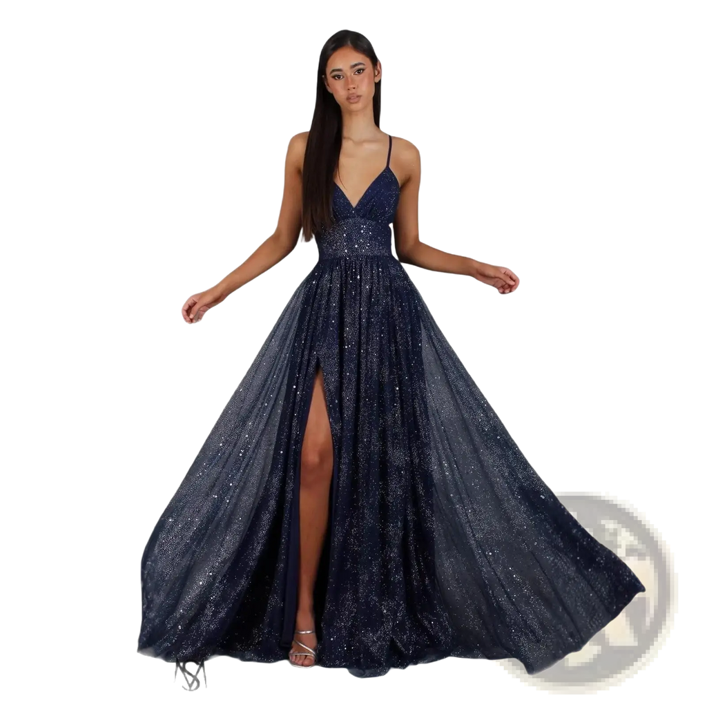 Shimmering navy blue sequined maxi evening gown with deep v neckline and high slit for elegant occasions