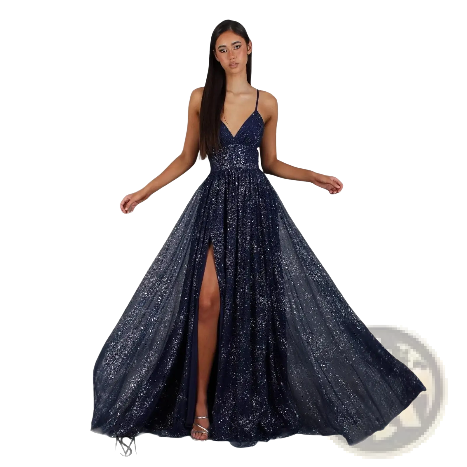 Shimmering navy blue sequined maxi evening gown with deep v neckline and high slit for elegant occasions