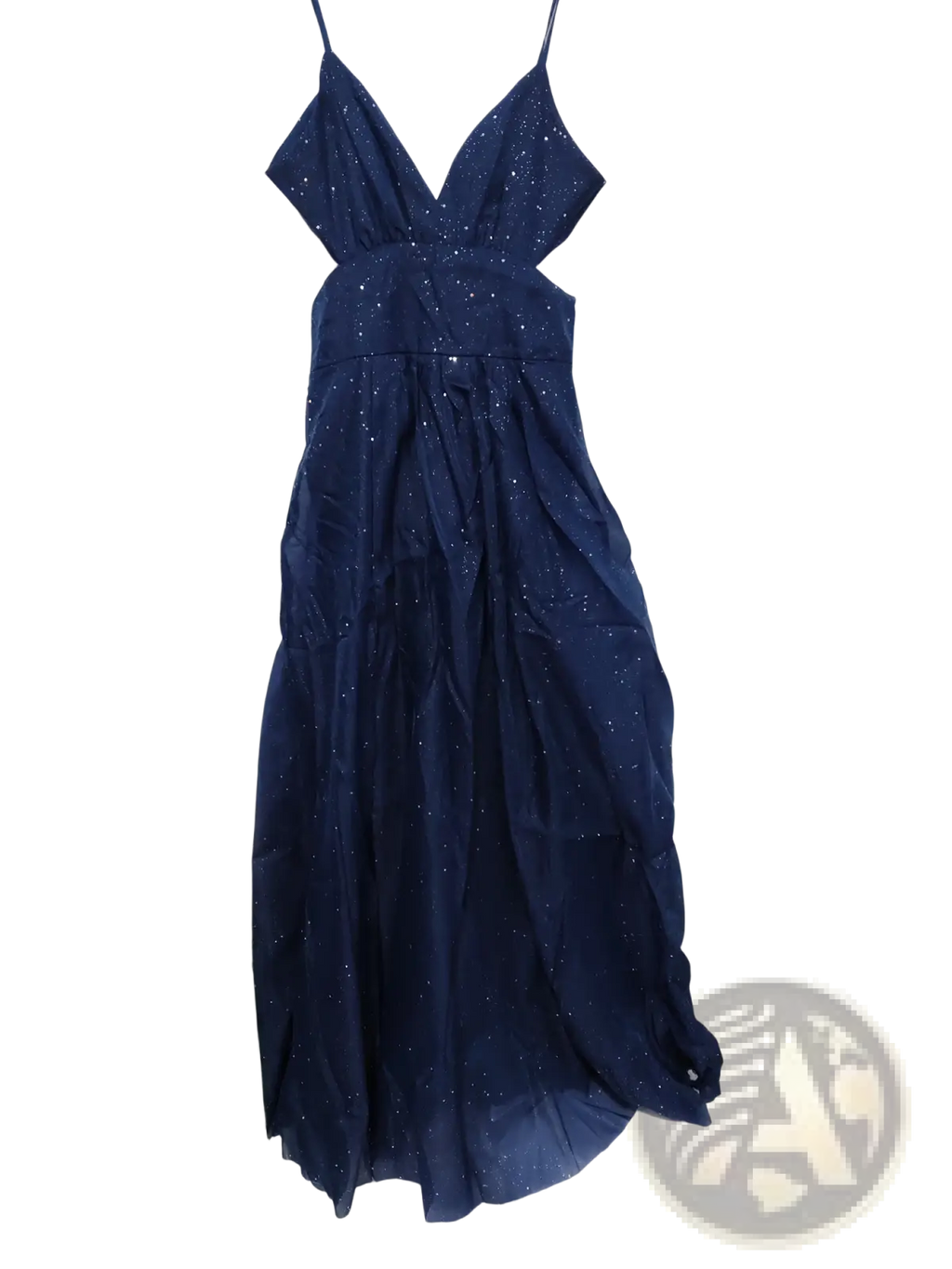 A navy blue shimmering v neck high slit maxi evening gown with thin spaghetti straps and subtle glittery embellishments