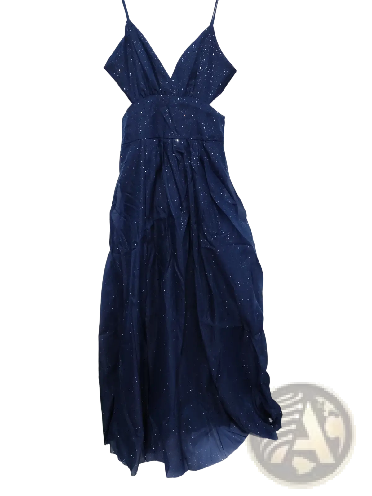 A navy blue shimmering v neck high slit maxi evening gown with thin spaghetti straps and subtle glittery embellishments