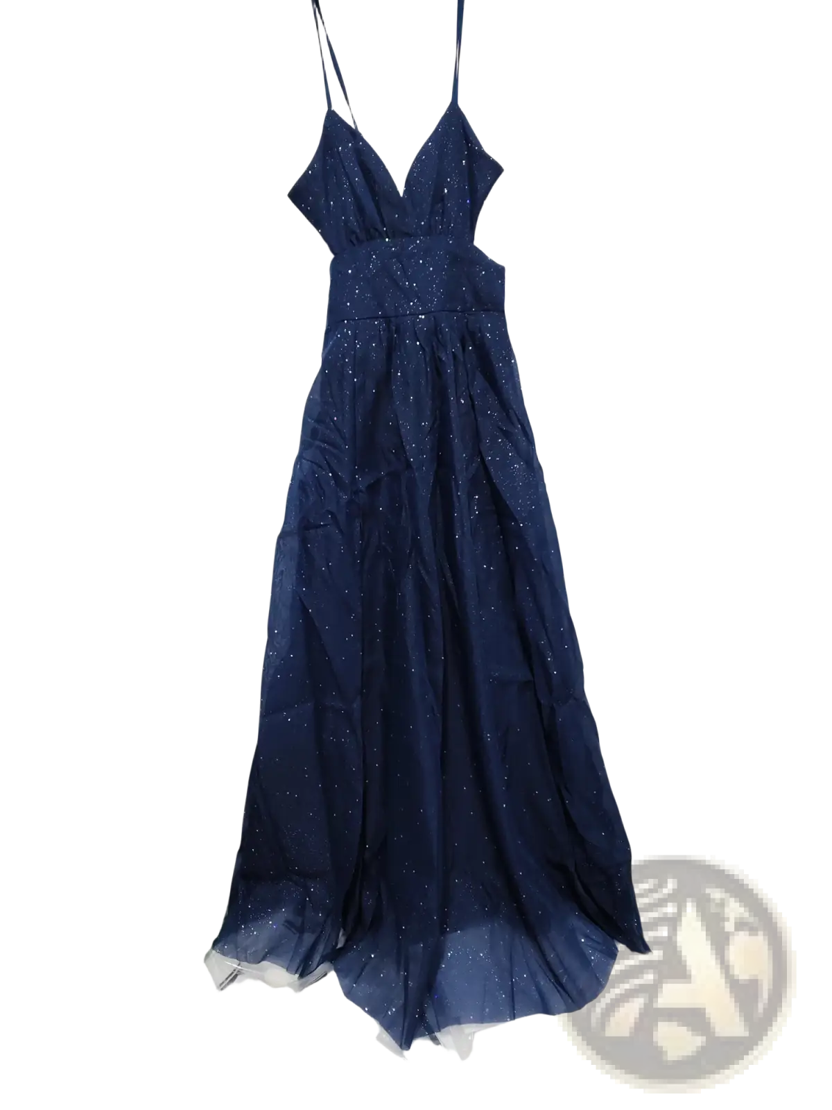 A navy blue sparkly maxi evening gown with v neckline thin spaghetti straps and a high slit for formal events