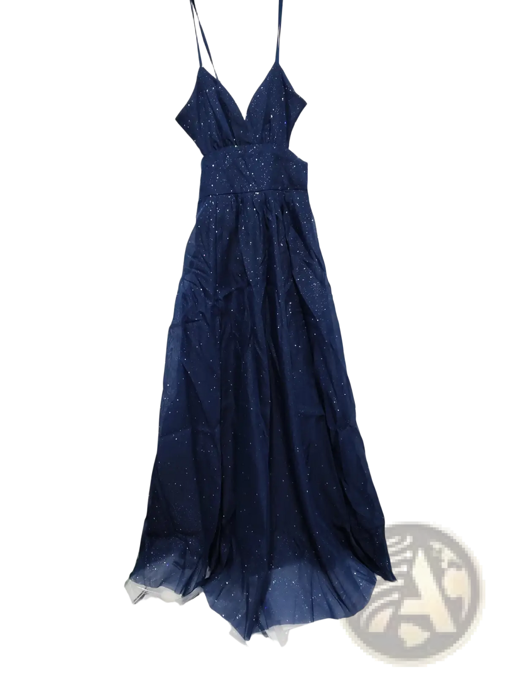 A navy blue sparkly maxi evening gown with v neckline thin spaghetti straps and a high slit for formal events
