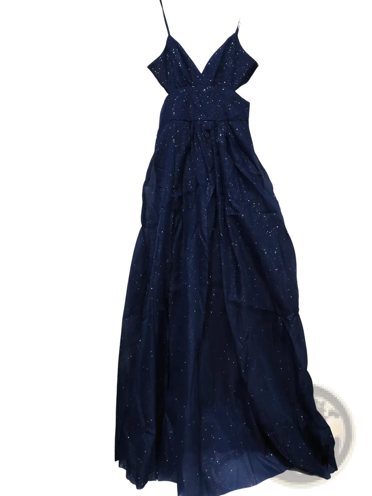 A navy blue shimmering v neck high slit maxi evening gown with thin spaghetti straps and glittery speckles