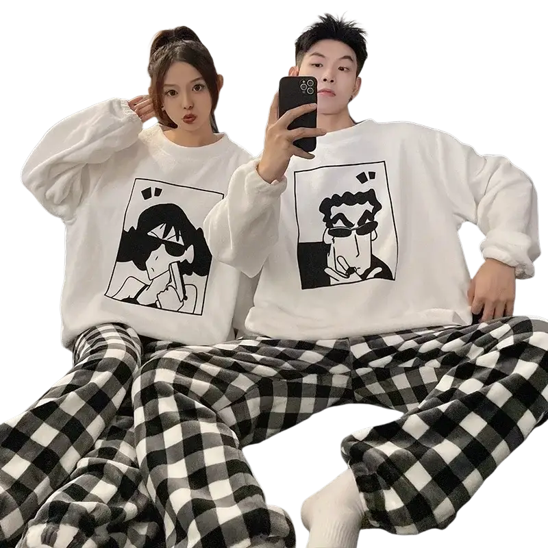 White long-sleeved sweatshirt with black cartoon print from shin chan coral fleece couple pajamas set contact customer service for details