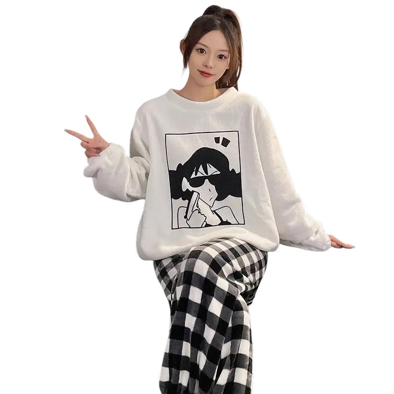 White oversized sweatshirt with black and white shin chan cartoon print made of coral fleece for couple pajamas contact customer service