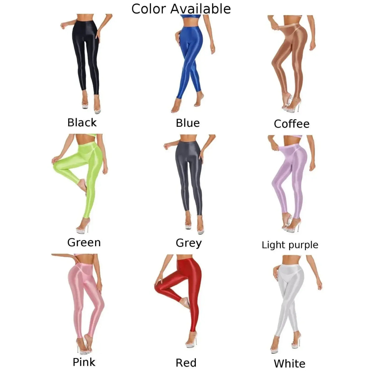 Shiny metallic high waisted disco leggings in black blue coffee green grey light purple pink red and white colors