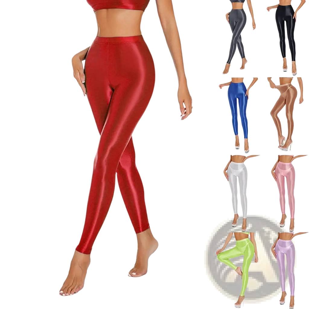 Shiny red metallic high waisted disco leggings with a form fitting design made from reflective material