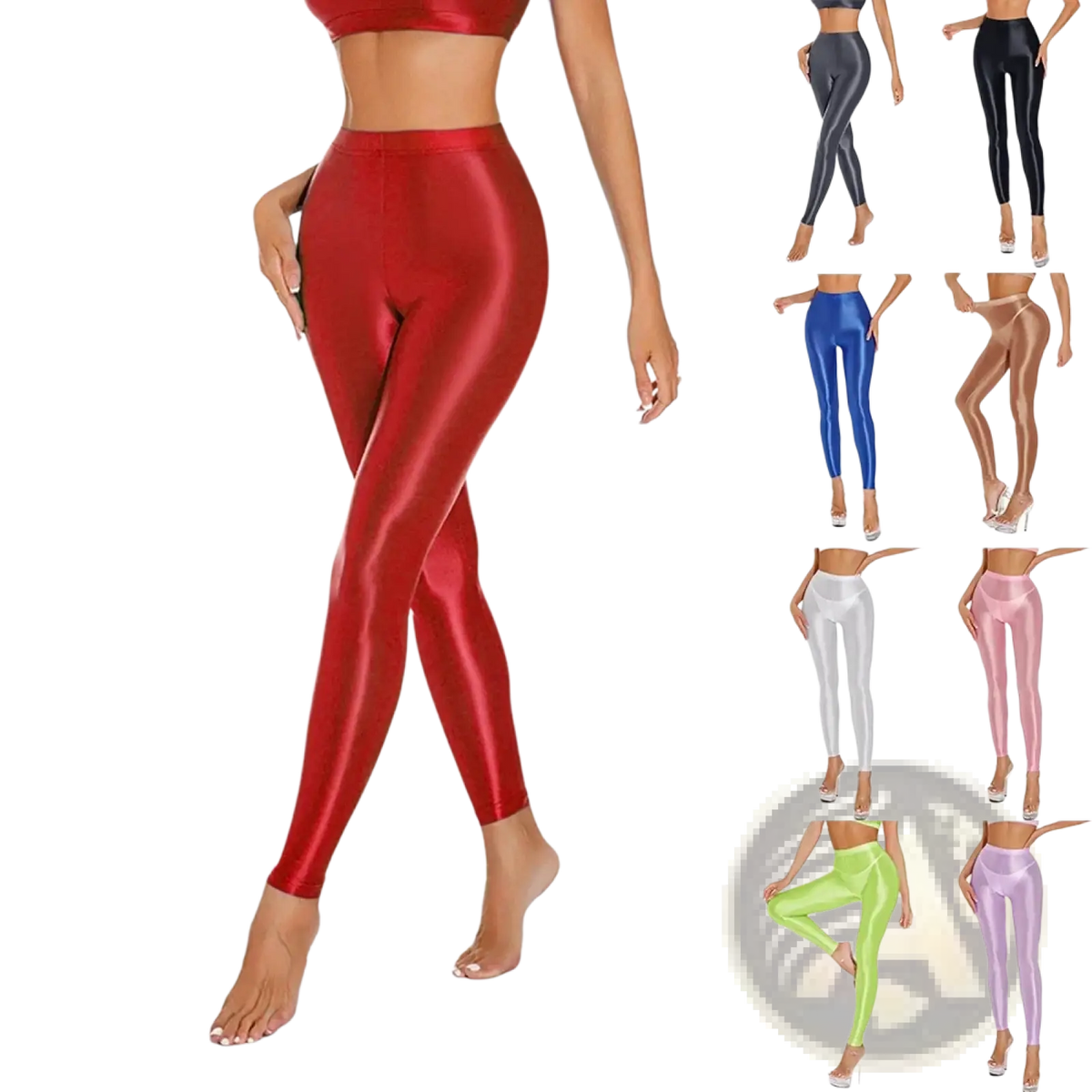 Shiny red metallic high waisted disco leggings with a form fitting design made from reflective material