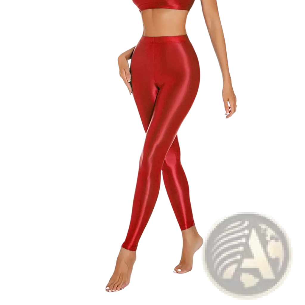 Shiny red metallic high waisted disco leggings showcasing a glossy finish and sleek fit for vibrant nightlife wear