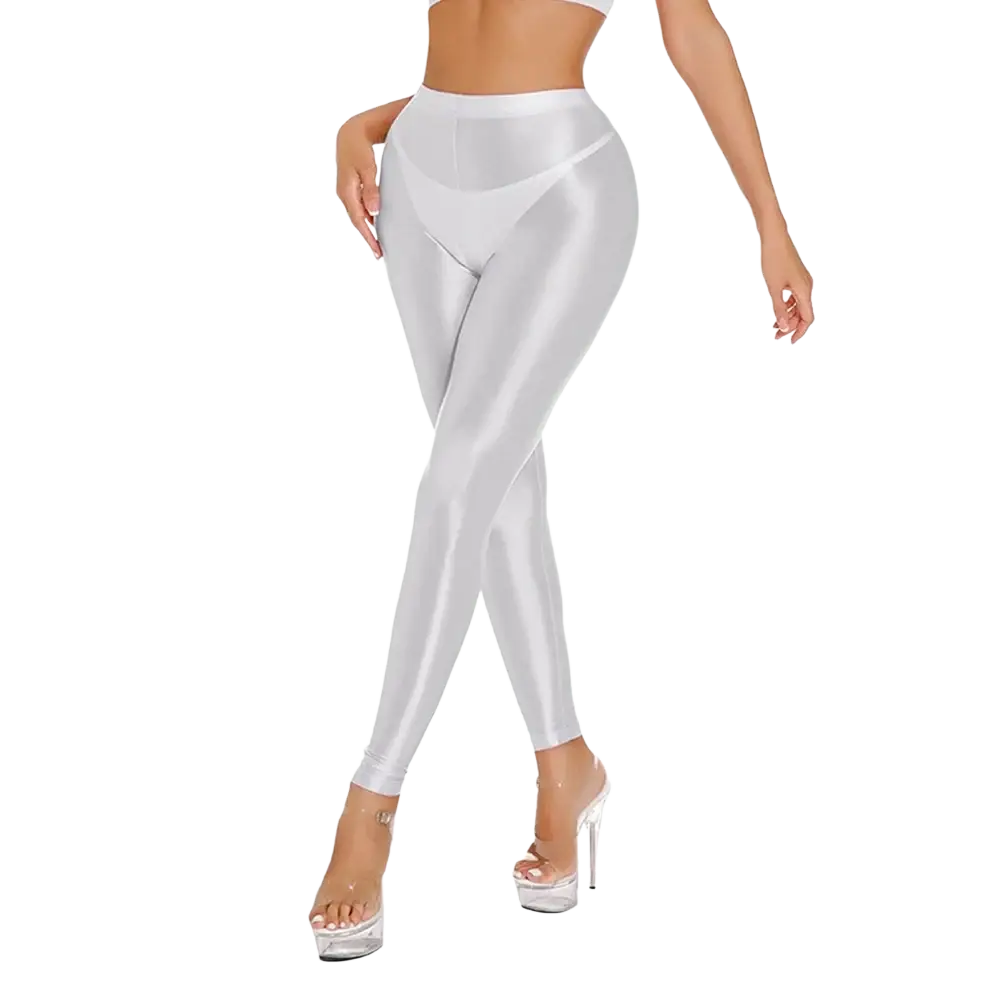 Shiny metallic high waisted disco leggings in silver with a sheer front panel made of metallic fabric