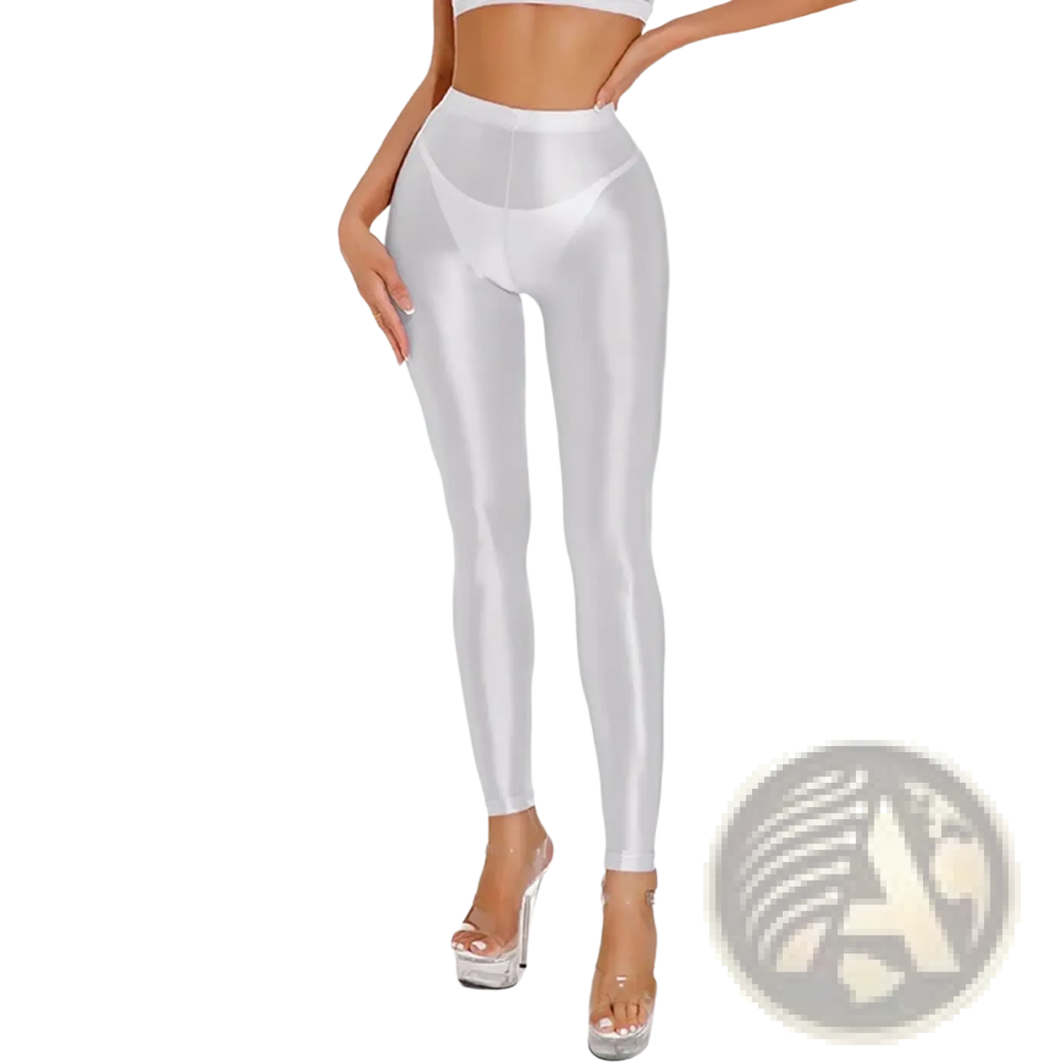 Shiny white metallic high waisted disco leggings with a sleek form fitting design made from reflective material