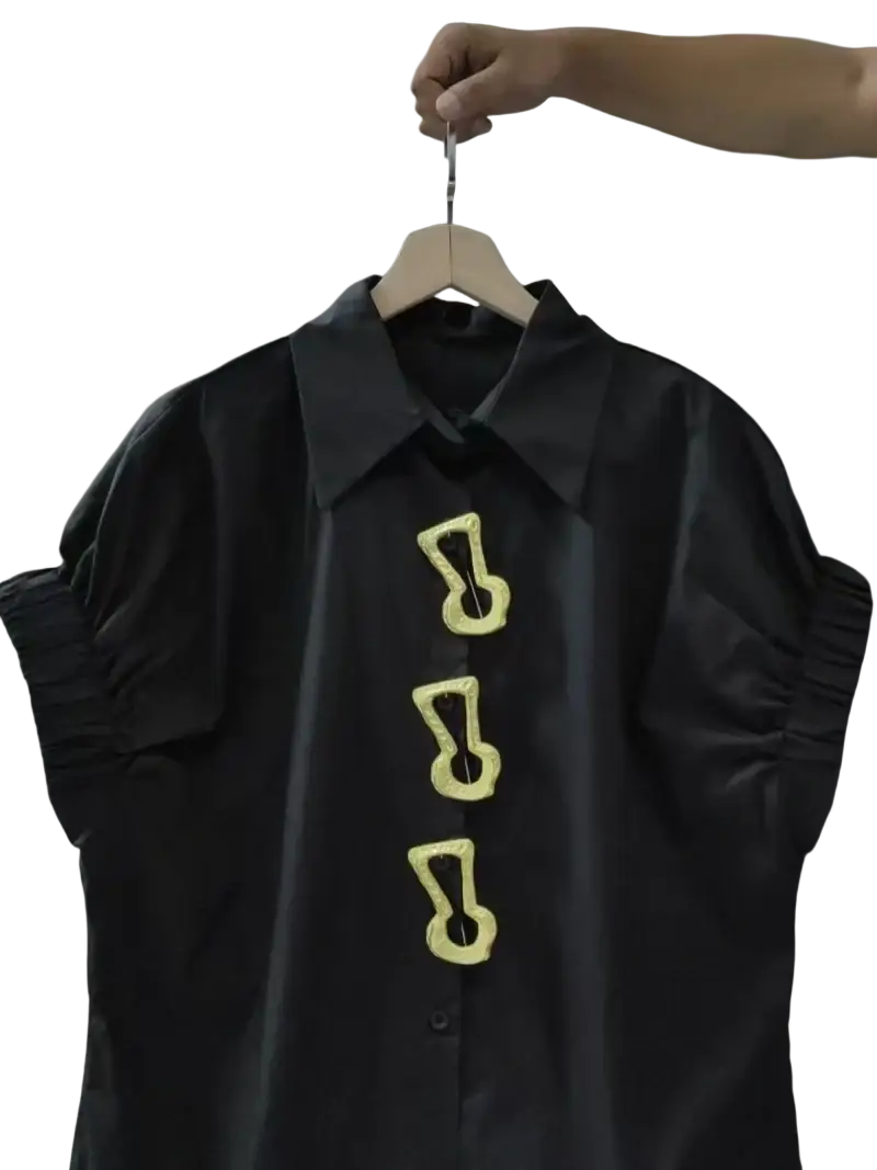 Black shirt short sleeve with turn-down collar and three gold key embellishments design fashionable versatile blusas