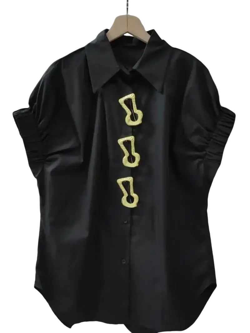 Black shirt short sleeve with turn-down collar and gold-tone key-shaped embellishments for a fashionable versatile blouse design