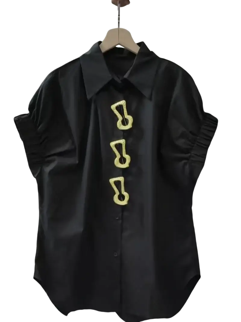 Black short sleeve shirt with turn-down collar ruched sleeves and yellow key-shaped buttons design fashionable versatile