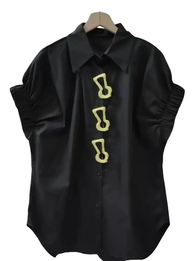 Black shirt short sleeve with ruched sleeves and gold-tone key-shaped buttons design fashionable versatile blusas