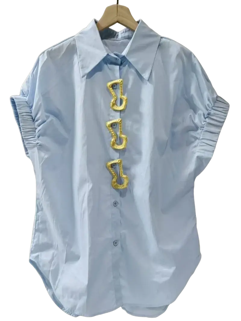 Light blue shirt short sleeve with turn-down collar and gold-tone hook-shaped buttons in a fashionable versatile design