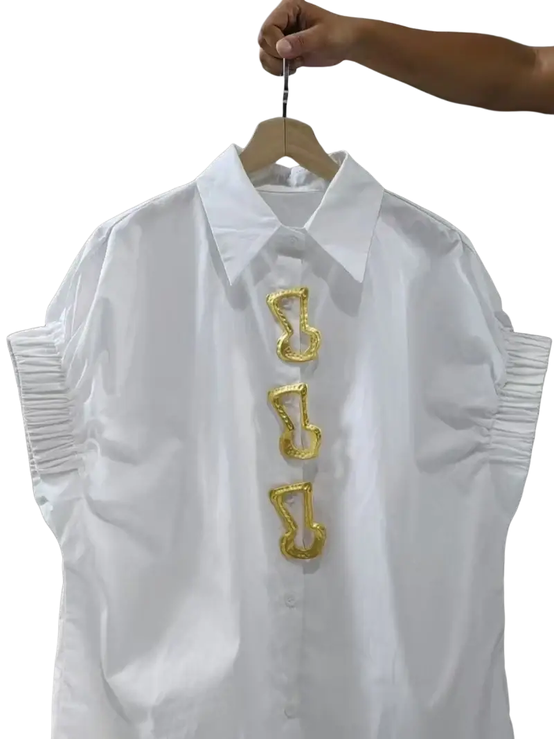 White short sleeve blouse with ruched sleeves gold-tone abstract buttons design fashionable versatile blusas