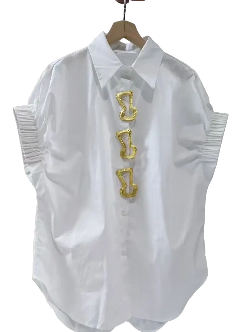 White short sleeve blouse with turn-down collar gold-tone sculpted buttons and ruched cuffs design fashionable versatile blusas