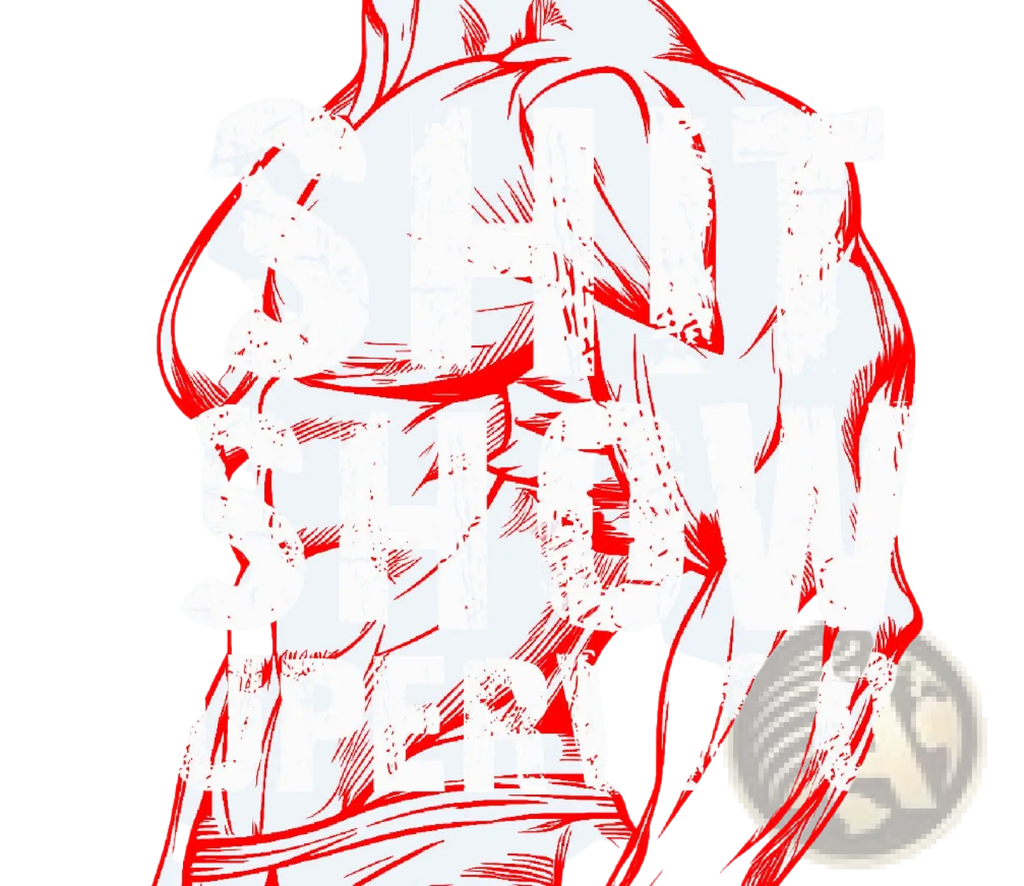 Red sketch-style illustration of muscular torso with defined abs on shit show supervisor novelty trucker hat for men