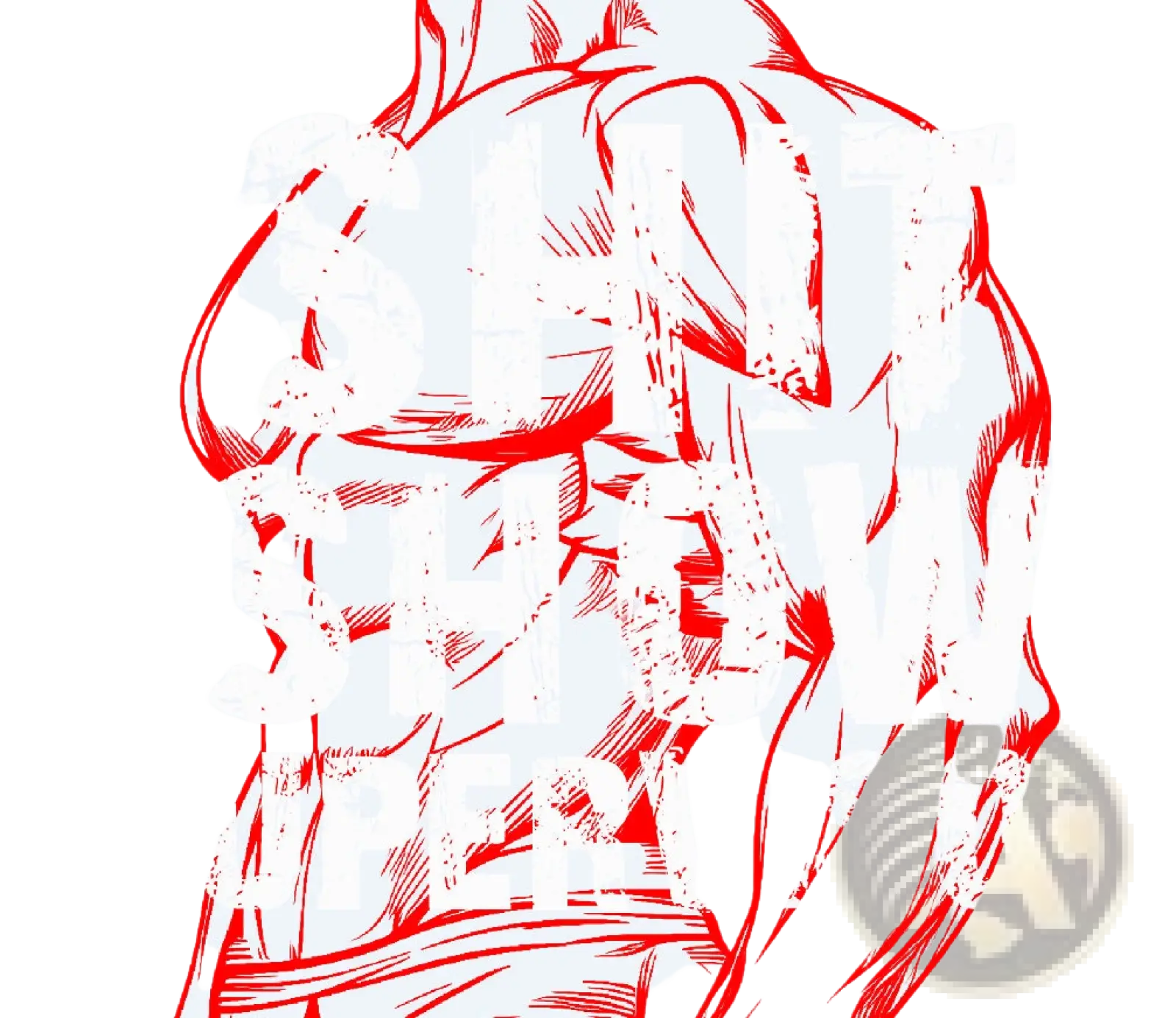 Red sketch-style illustration of muscular torso with defined abs on shit show supervisor novelty trucker hat for men