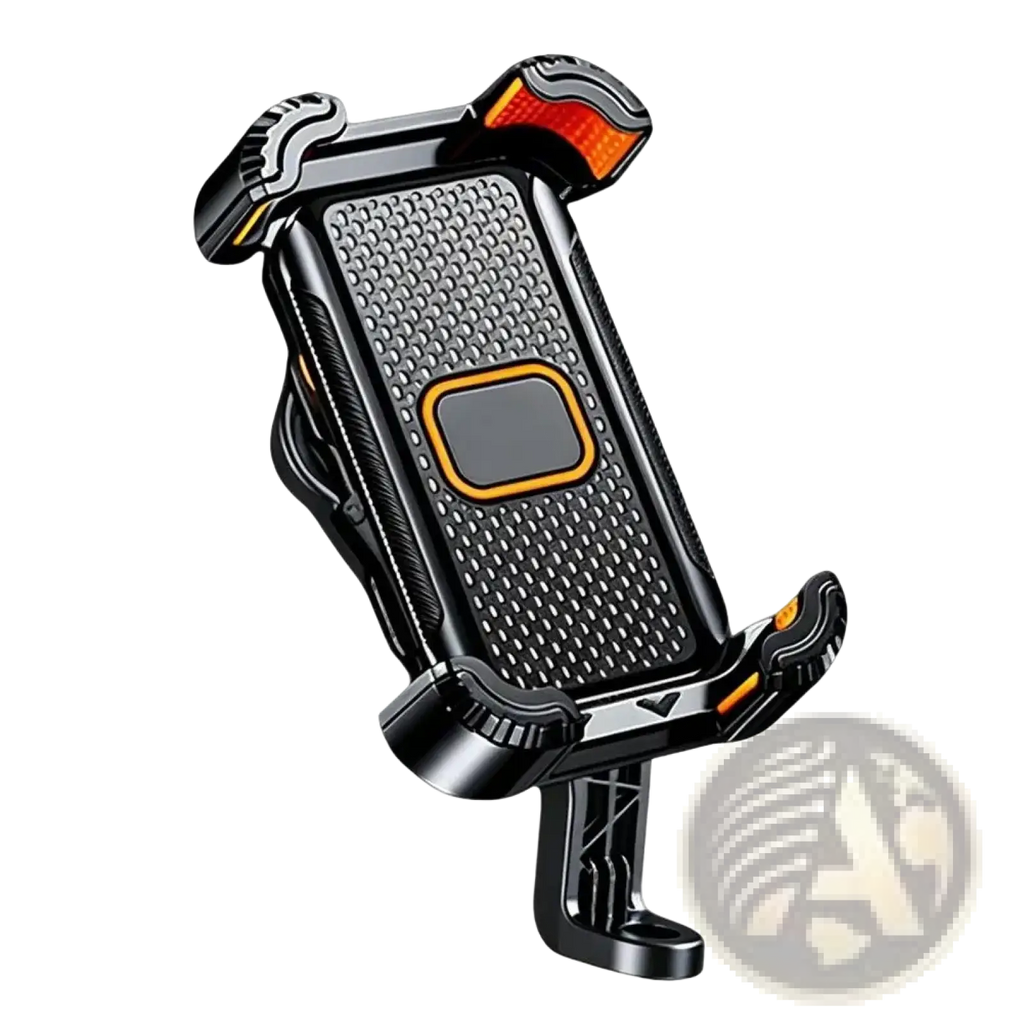 Black and orange shock absorbing motorcycle phone mount with textured grip surface for secure phone attachment