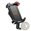 Black and orange shock absorbing motorcycle phone mount with textured grip surface for secure phone attachment