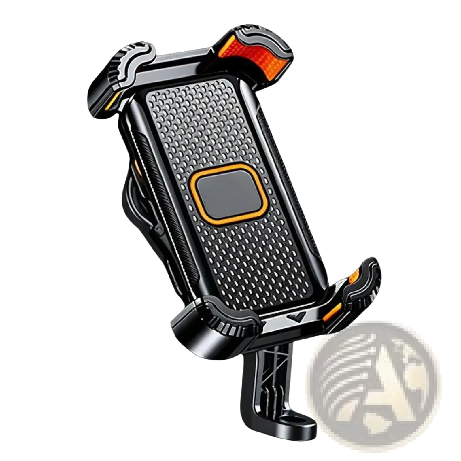 Black and orange shock absorbing motorcycle phone mount with textured grip surface for secure phone attachment