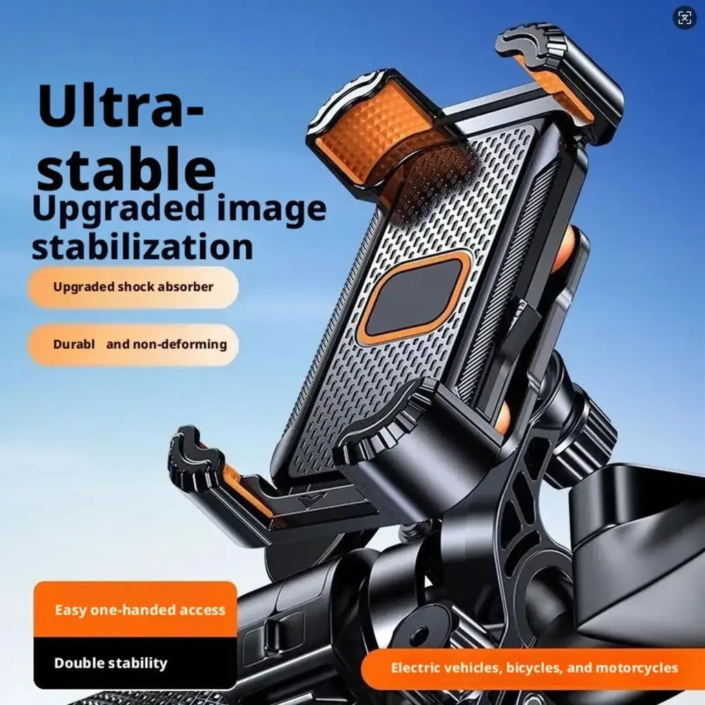 Black and orange shock absorbing motorcycle phone mount with textured grip for stable holding on rough rides