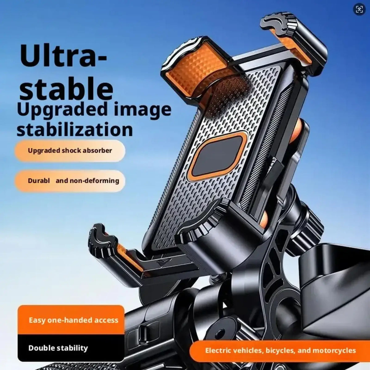 Black and orange shock absorbing motorcycle phone mount with textured grip for stable holding on rough rides