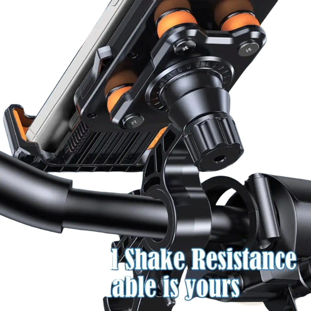 Black and orange shock absorbing motorcycle phone mount with adjustable clamp for secure device attachment