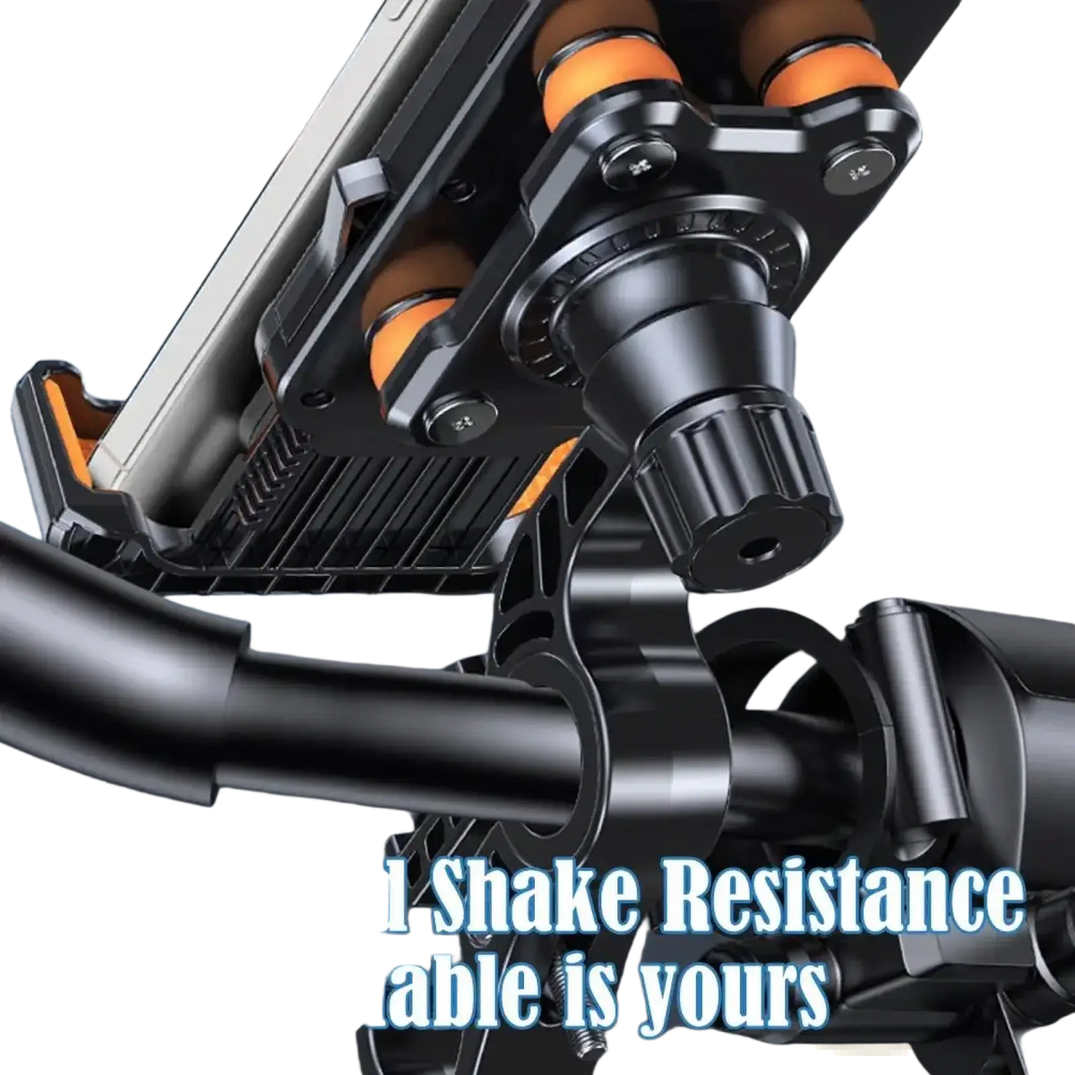 Black and orange shock absorbing motorcycle phone mount with adjustable clamp for secure device attachment