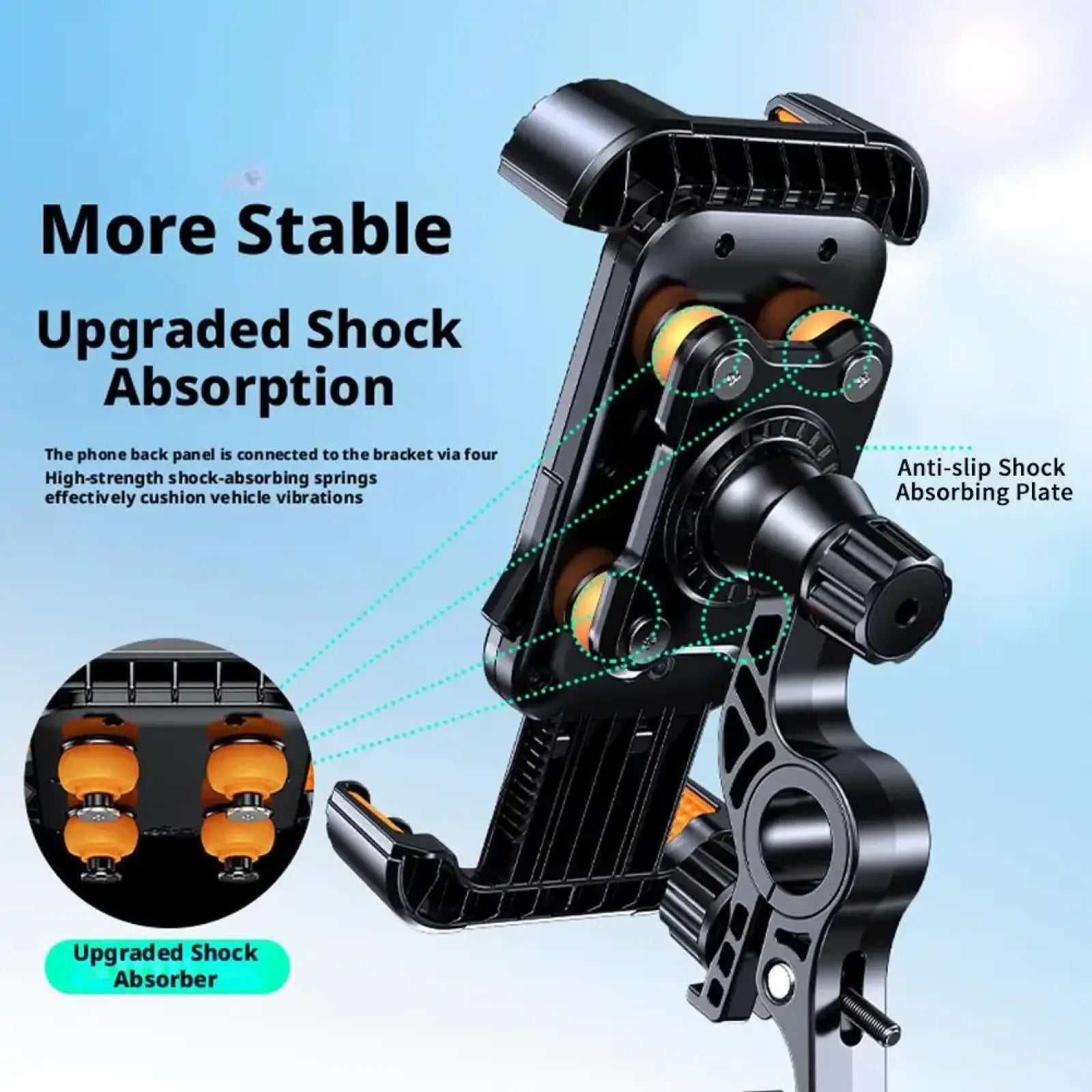 Black motorcycle phone mount with orange shock absorbing springs and textured grip designed for secure attachment