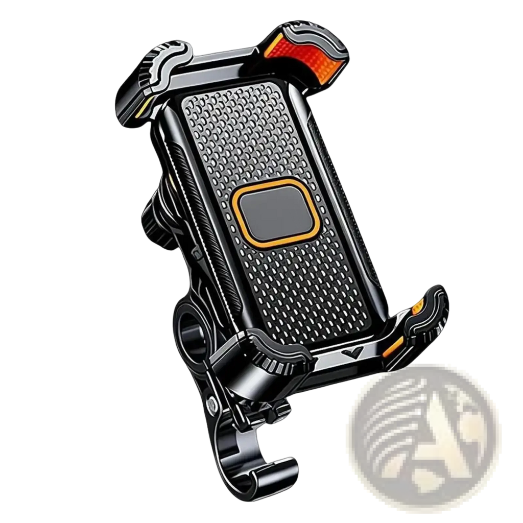 Shock absorbing motorcycle phone mount in black and orange with textured grip surface for secure phone holding