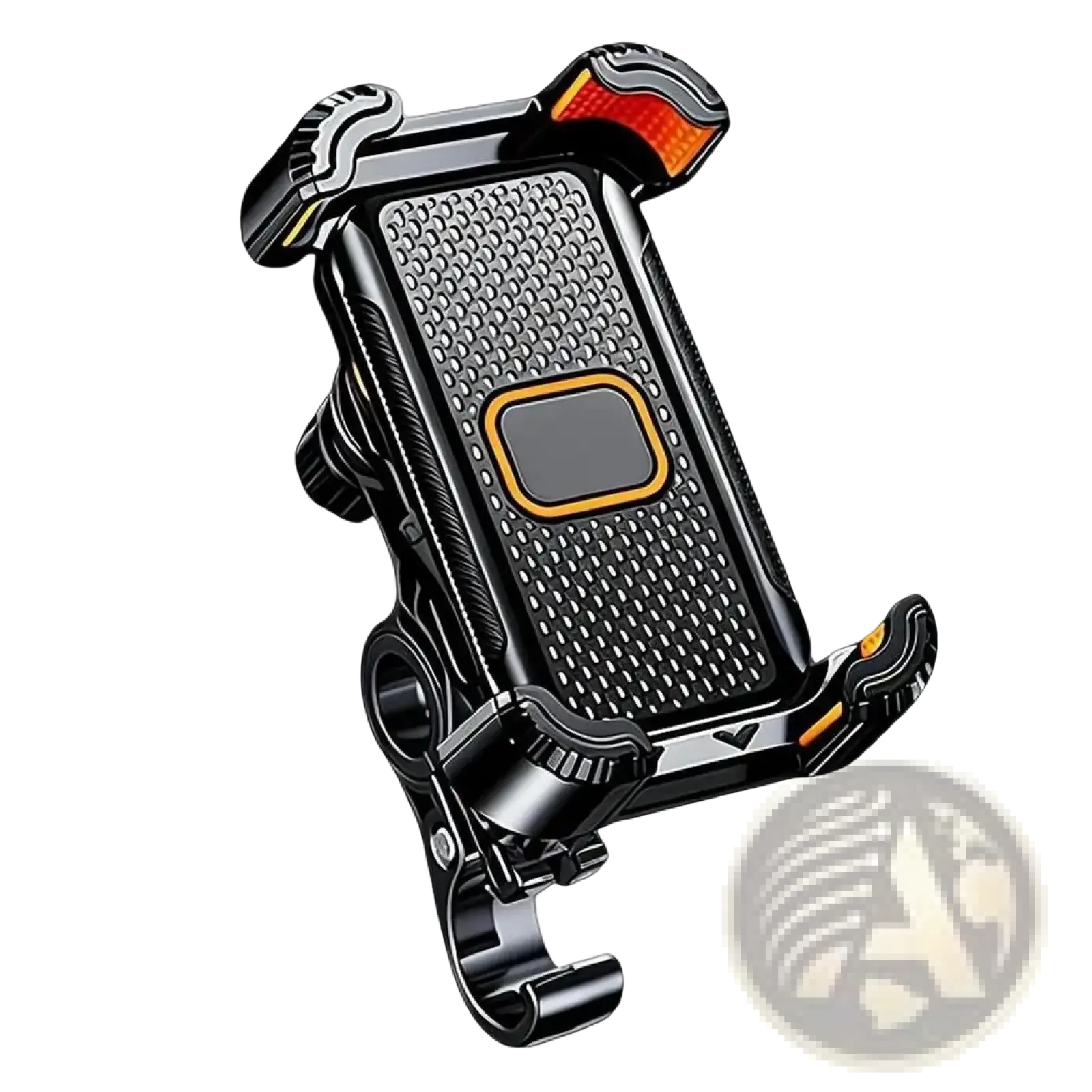 Shock absorbing motorcycle phone mount in black and orange with textured grip surface for secure phone holding