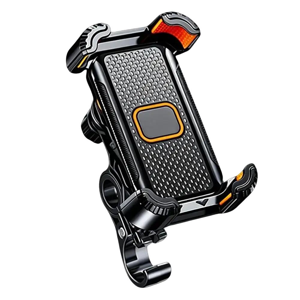 Black and orange shock absorbing motorcycle phone mount with textured grip surface and integrated led light