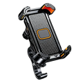Black and orange shock absorbing motorcycle phone mount with textured grip surface and integrated led light