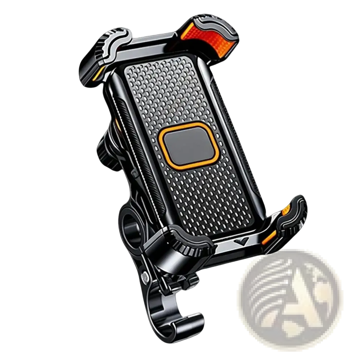 Black and orange shock absorbing motorcycle phone mount with textured grip surface and integrated led light