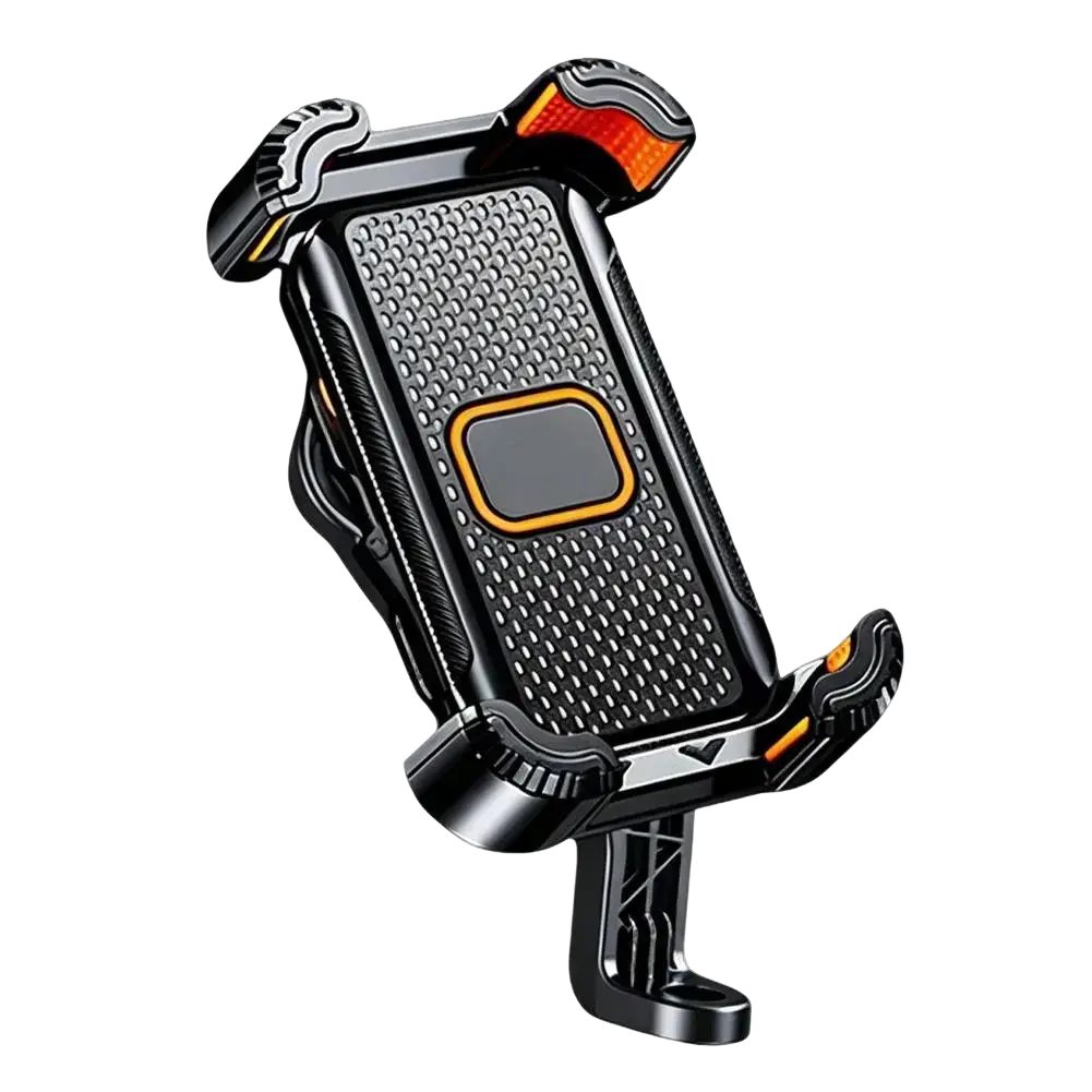 Black and orange shock absorbing motorcycle phone mount with textured grip surface for secure phone attachment