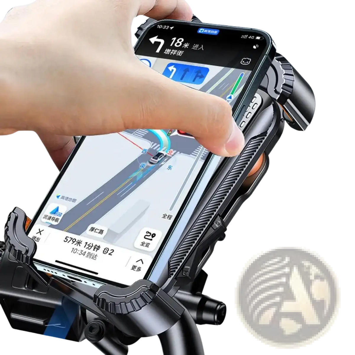 Black rugged shock absorbing motorcycle phone mount with textured grip and adjustable clamps for secure attachment
