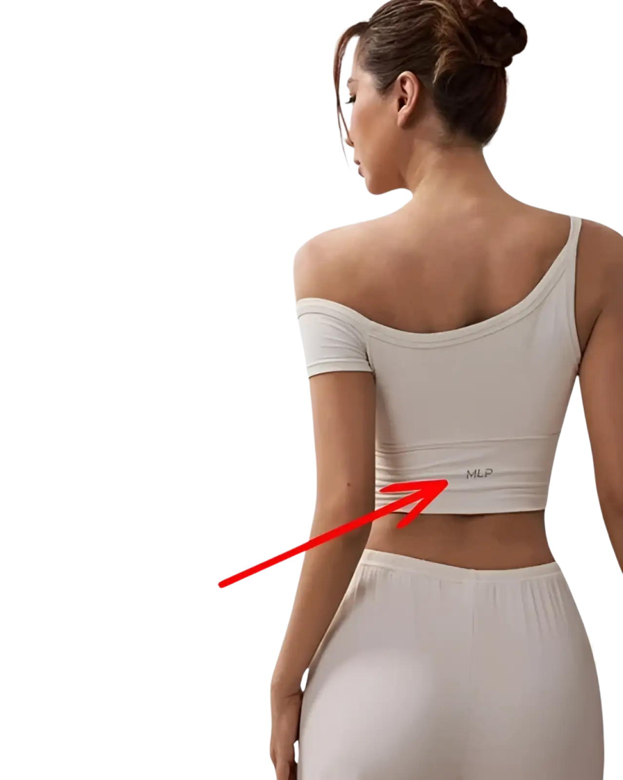 The back of a light-colored off-the-shoulder crop top with a silver silicone mlp logo in a shockproof yoga vest design