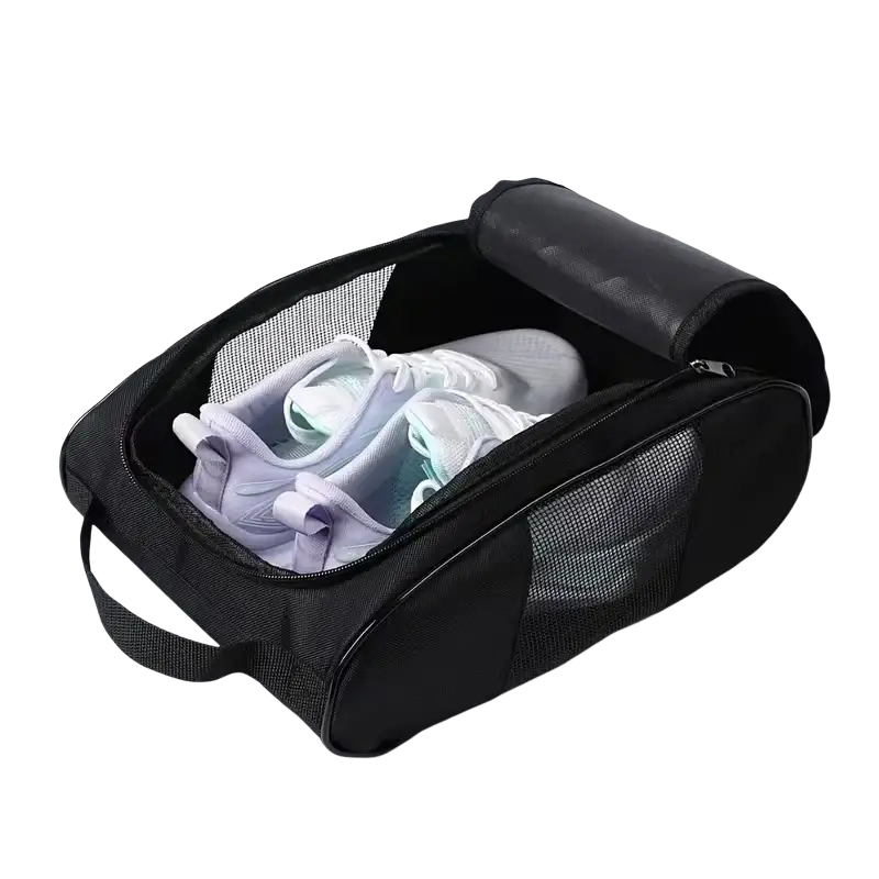 Black breathable mesh shoe bag with padded interior and zipper closure for travel and golf organization