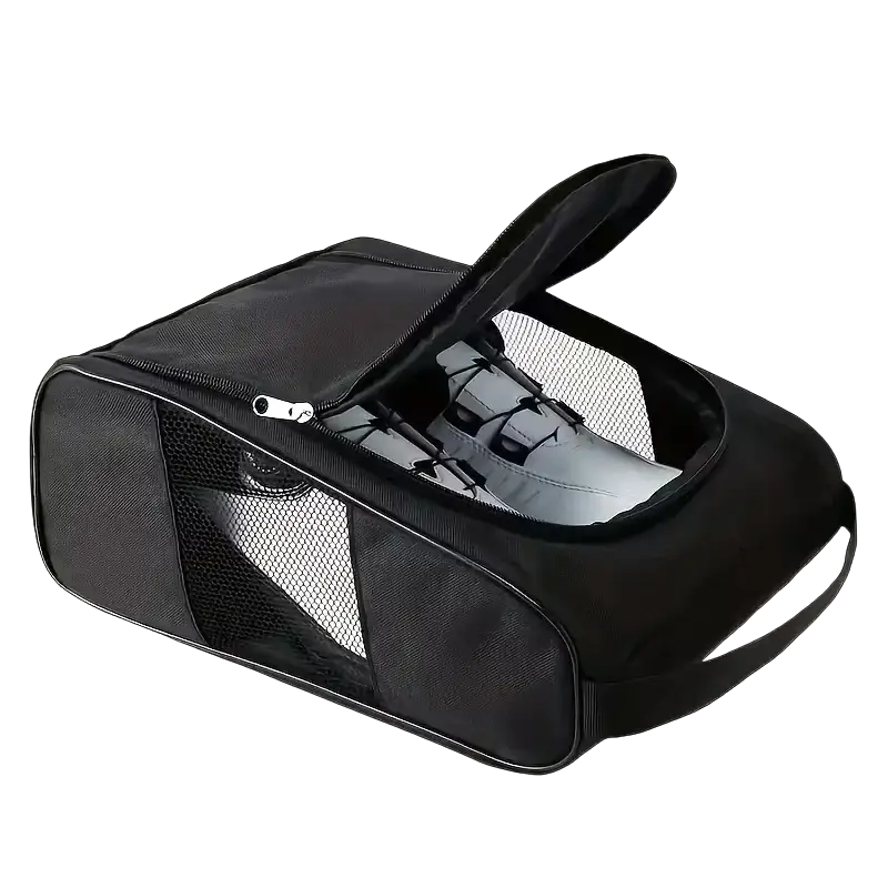 Black mesh and fabric shoe bag with zipper closure breathable travel golf organizer for easy shoe storage